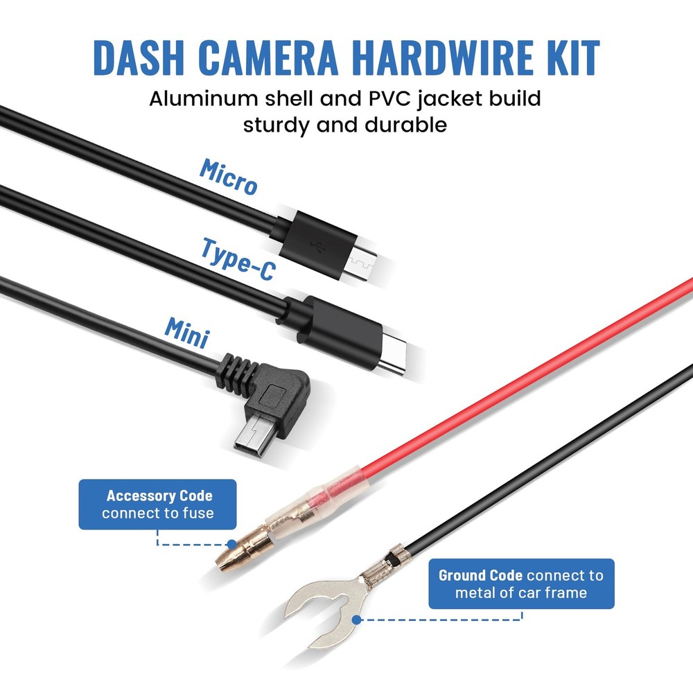 3-in-1 Micro USB & Mini USB Type-C Dash Cam Hardwire Kit Car Charging Power C...