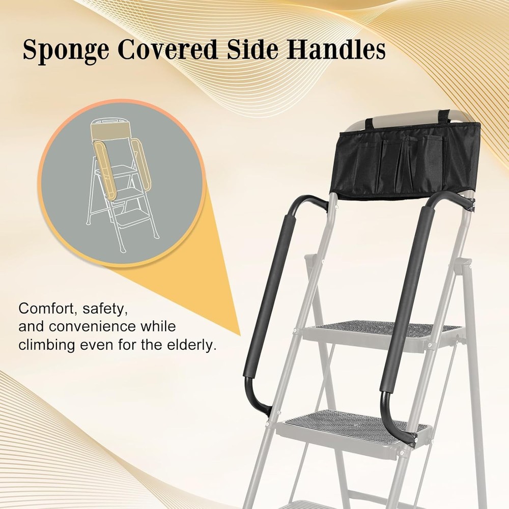 3 Step stool Ladder with Handrails 500 lbs folding Attachable Tool Black