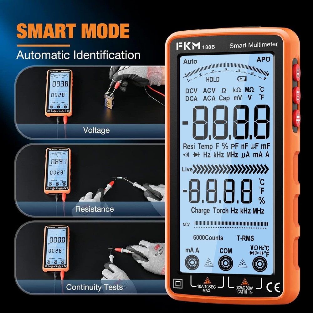 Digital Multimeter TRMS 6000 Counts Auto-Ranging AC/DC Voltage Current Tester