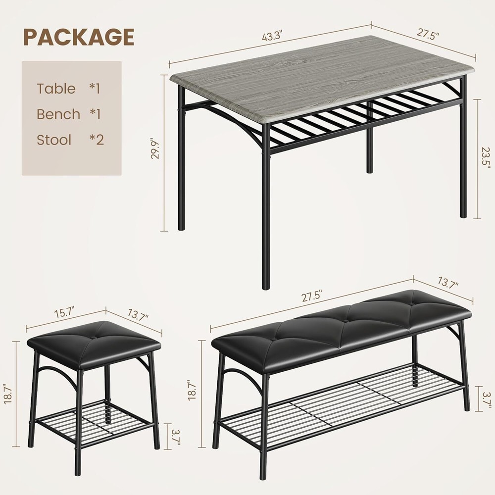 New Dining Table Set for 4 Kitchen Table with Bench and Stools w/Storage Shelves