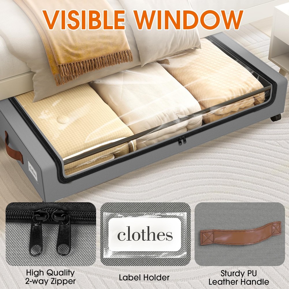 Under Bed Storage with Wheels 2Pack Underbed Storage with Clear Window&Label ...