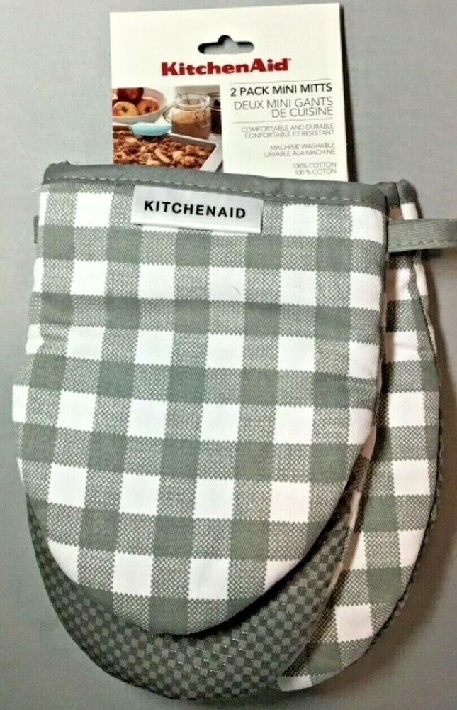 KITCHENAID 2 PACK MINI MITTS  SILICONE GRIP GRAY CHECK 100% COTTON  NWT