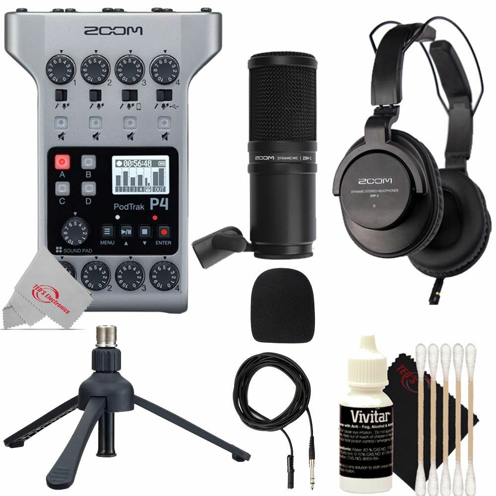Zoom PodTrak P4 Portable Podcast Recorder + Mic Pack Accessory Bundle