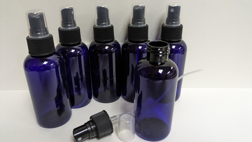(6 pack) 4 oz Blue plastic bottles with sprayers and blank labels
