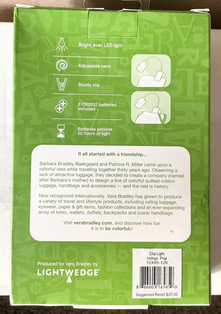 Vera Bradley Clip Light for Books & e-Readers Indigo Pop