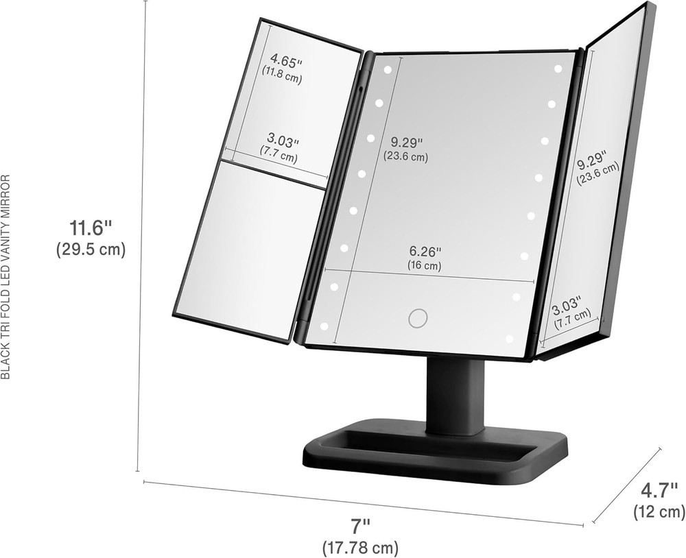 MELANNCO Black Tri Fold LED Vanity Mirror, 3 Magnifications and