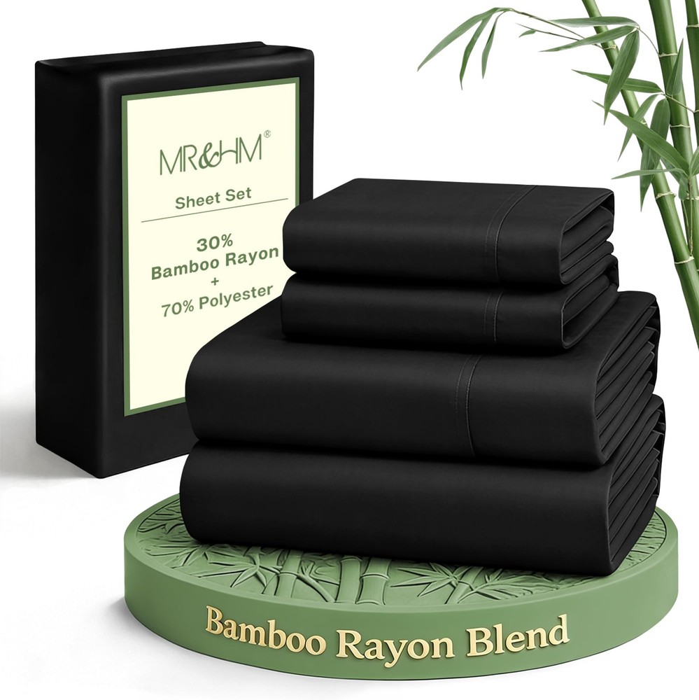 Queen Sheet Set, 4-Piece Cooling Sheets, Rayon Derived from Bamboo & Polyeste...