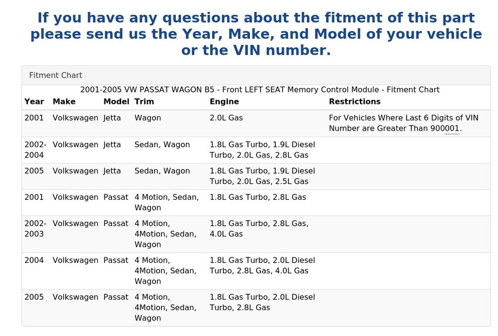 2001-2005 VW PASSAT WAGON B5 - Front LEFT SEAT Memory Control Module