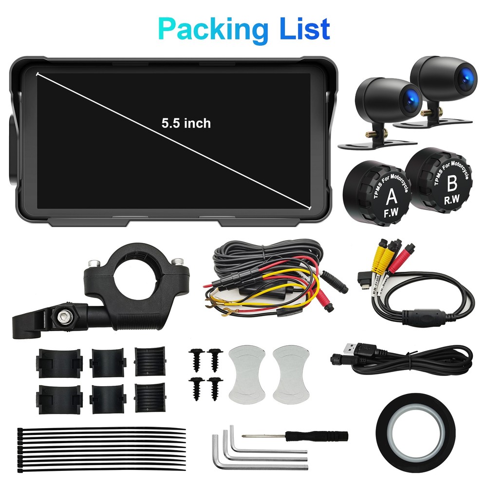 Motorcycle Dash Cam Front Rear 5.5" Wireless Carplay Android Auto Touchscreen