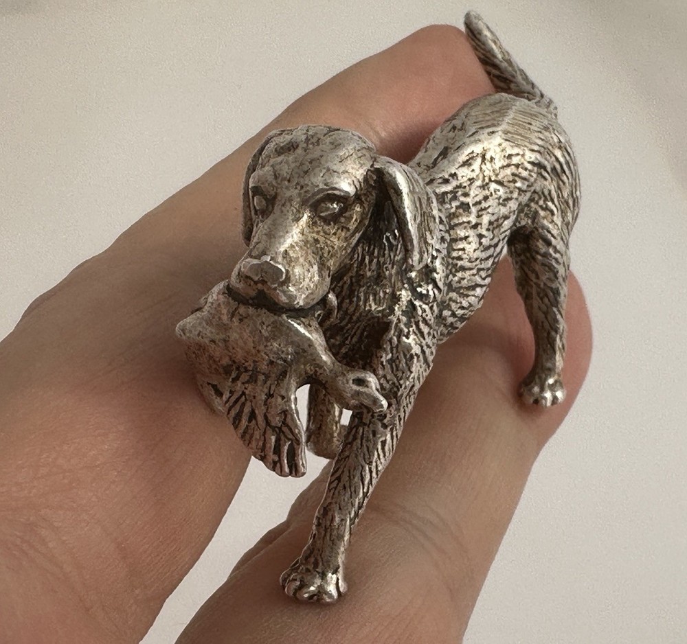 Vintage Solid Silver Miniature Retriever With Duck c.1979