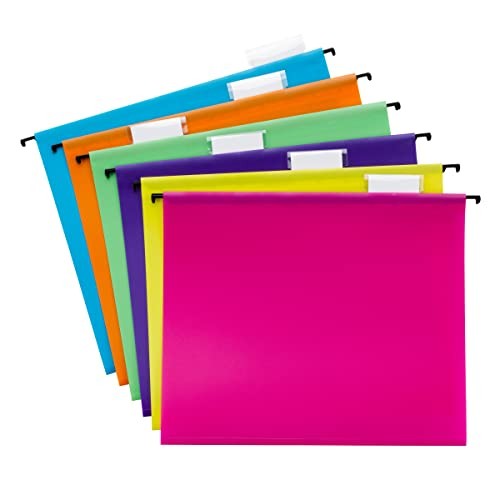 Poly Plastic Hanging File Folders for Documents with Tabs, Bright Colors