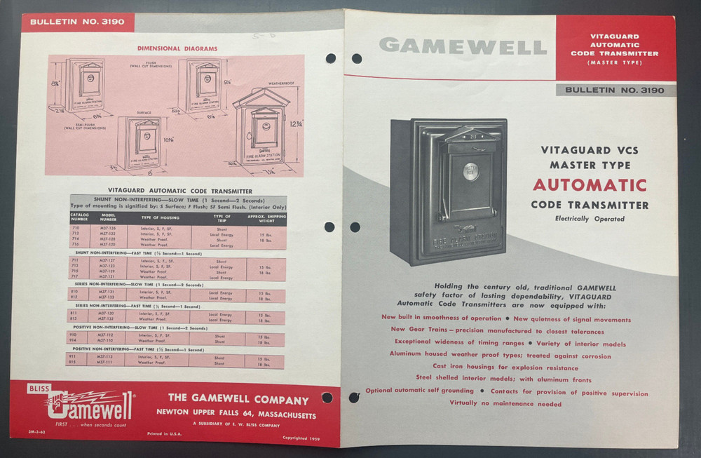 1959 GAMEWELL FIRE ALARM COMPANY AUTOMATIC CODE TRANSMITTER BULLETIN NO. 3190