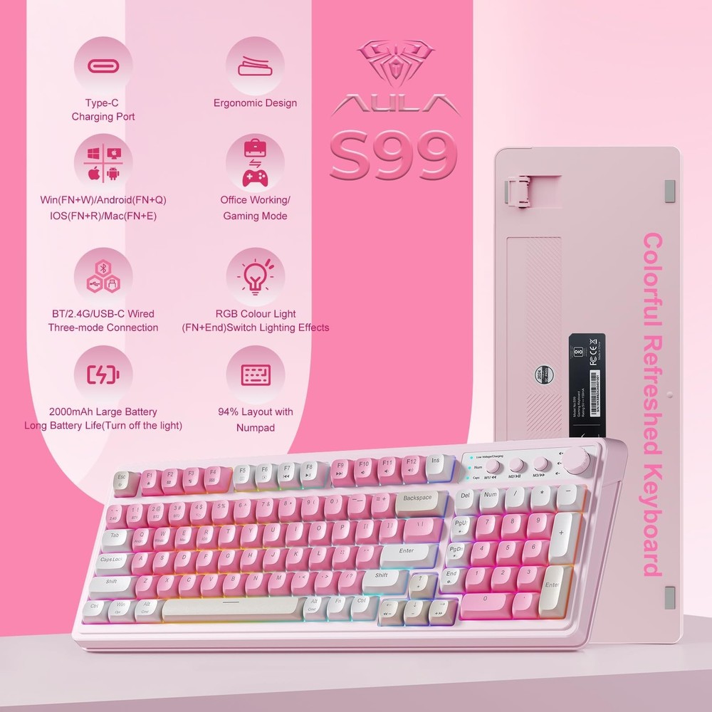 AULA 99 Key Keyboard, Wireless Gaming Keyboard Bluetooth Computer Keyboards C...