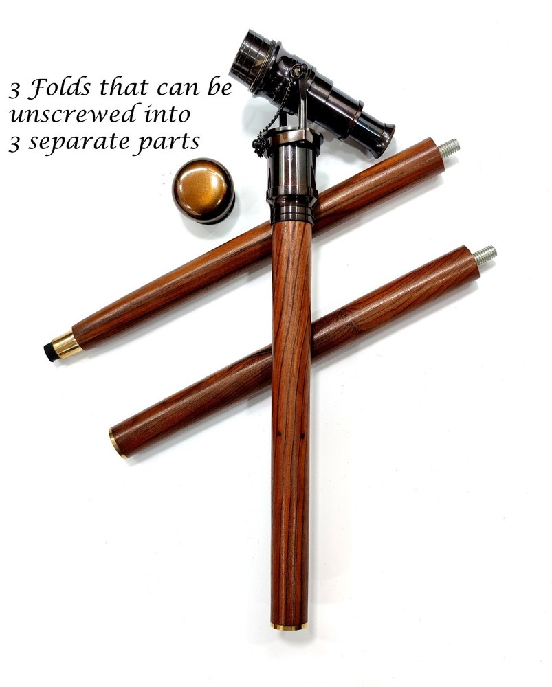 Brass Walking Stick Vintage Handle Victorian Telescope Head Foldable Steampunk
