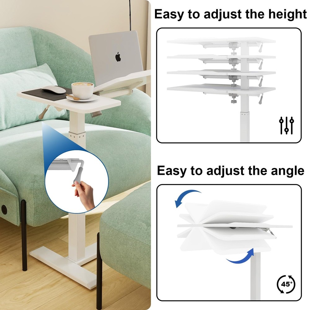PUNCIA Height Adjustable Overbed Table with Pneumatic Lift Rectangular, White