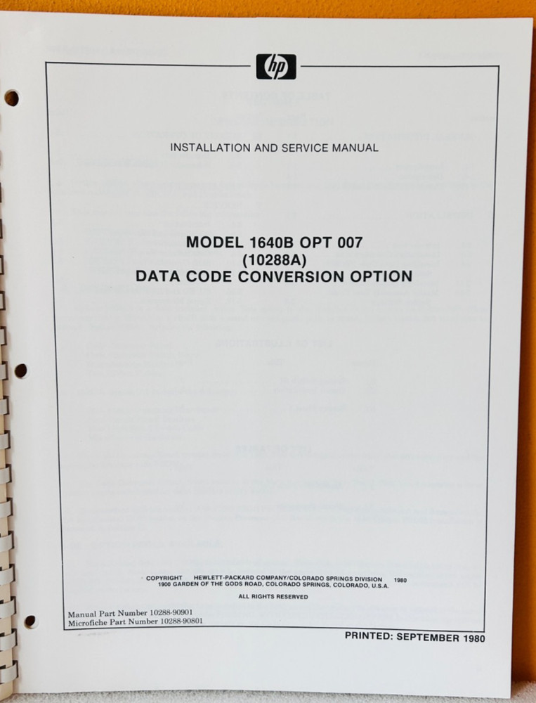 HP 10288-90901 Model 1640B Opt 007 Data Code Conversion Option Service Manual.
