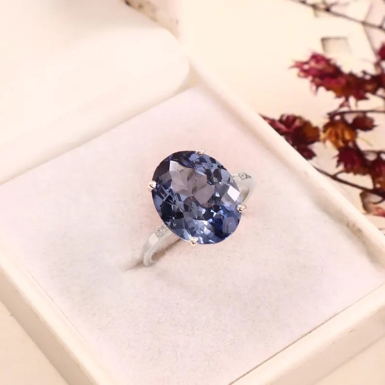 Kashmir Blue Sapphire Ring: Oval Cut Sterling Silver Statement Ring