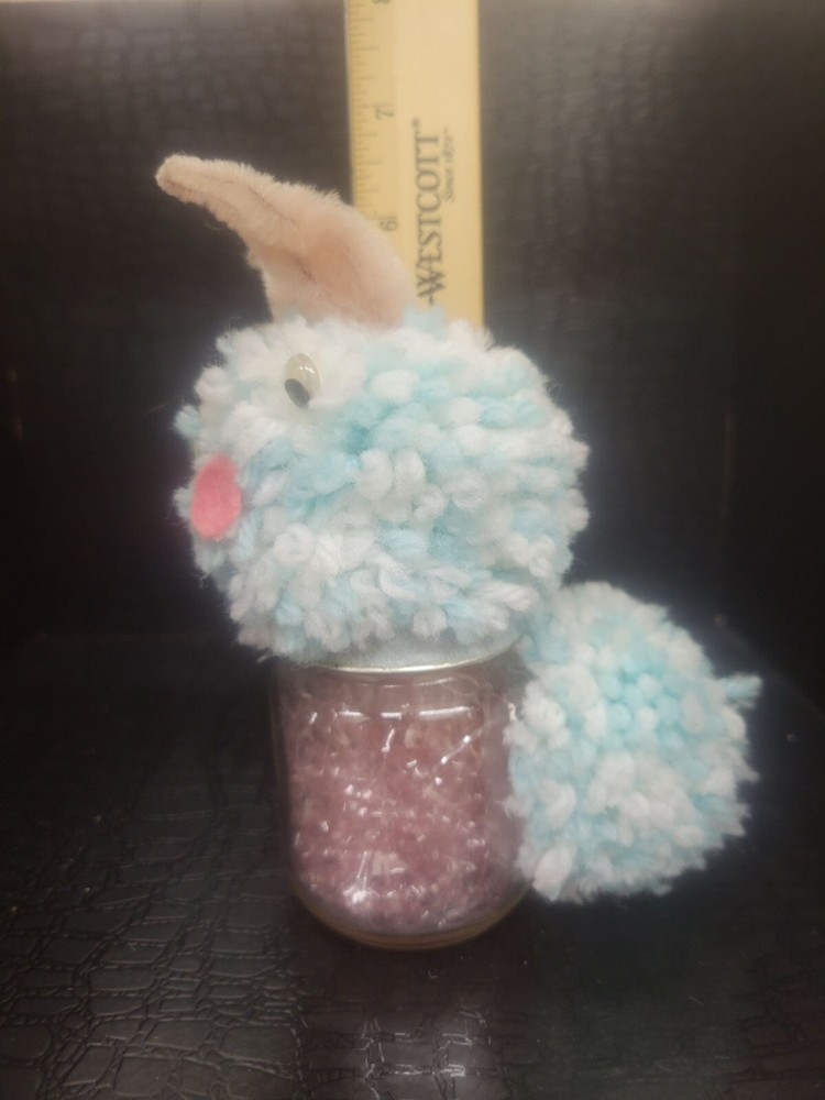 Vintage Handmade Pompom Bunny Glass Jar Easter Decor