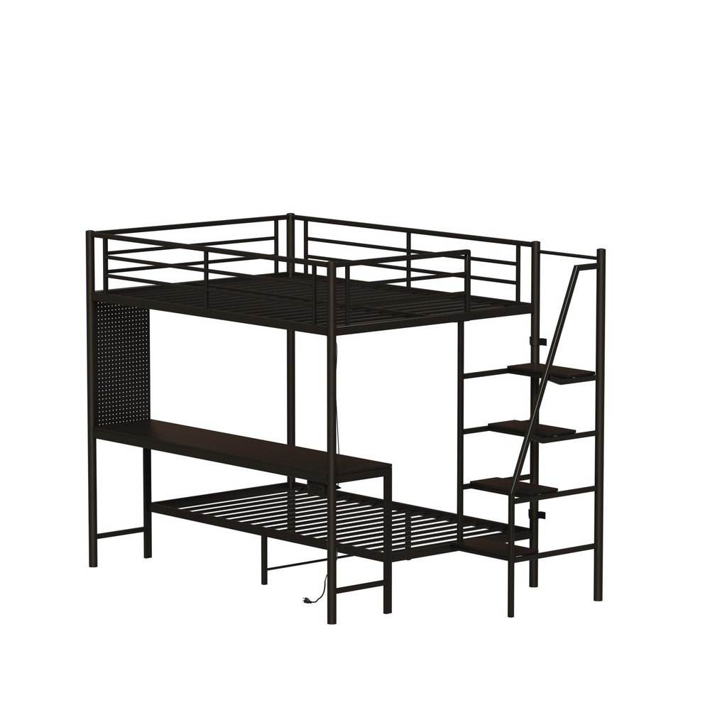 Modern Metal Bunk Bed Full Size Black Bed Frame w/LED light and Charging Socket