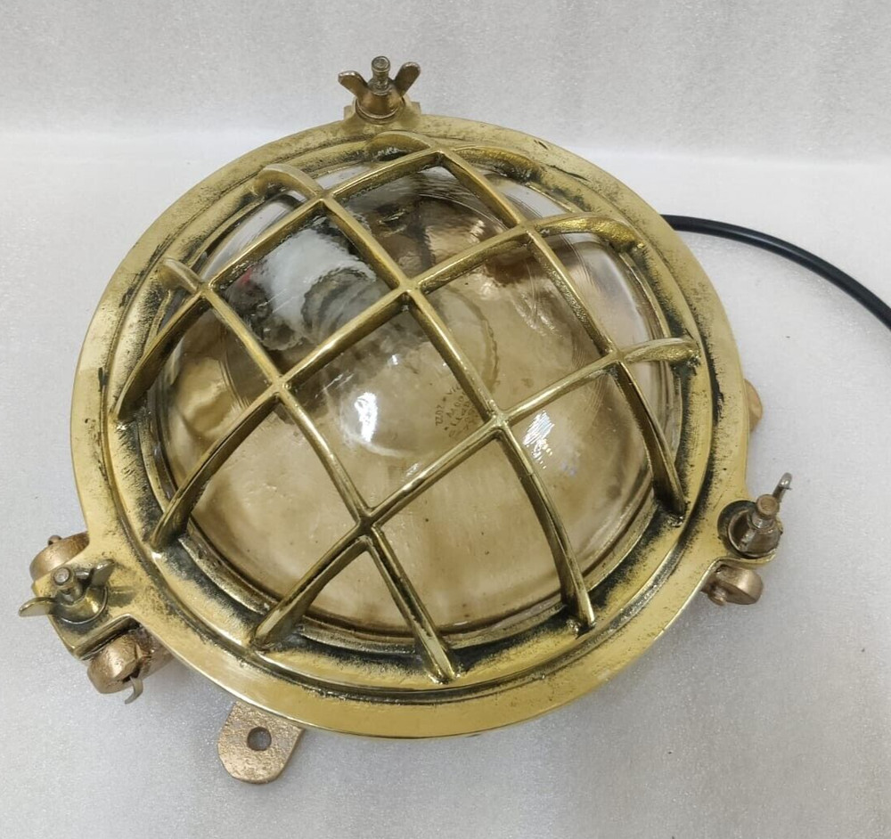 Vintage original Brass Cage&Iron Base Bulkhead passageway Light 2PC.