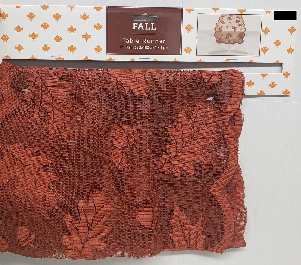 Thin Lace Fabric Table Runner (13"x72") FALL, BROWN RUST LEAVES & ACORNS, HL