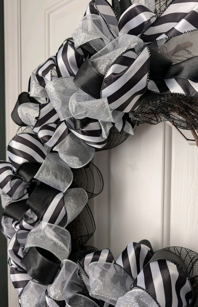 Black, White, Silver Grapevine Ribbon Wreath