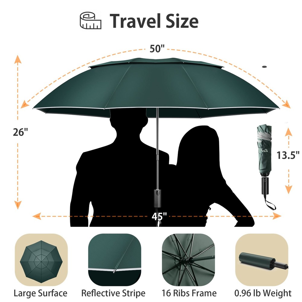 Travel Umbrella Compact Windproof - Vented Double Canopy Umbrellas for Rain, ...