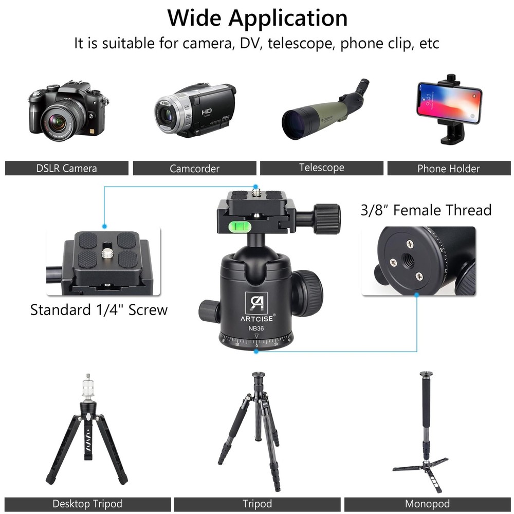 ARTCISE Tripod Ball Head Camera Mount 36mm Diameter Black