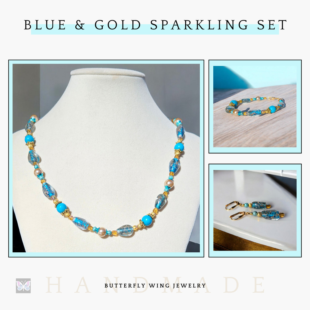 Blue and Gold Lampwork, Magnesite, Pearl Set