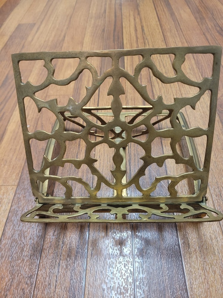 Vintage Ornate Brass Metal Book Stand, Adjustable & Foldable, Rectangular, 9"