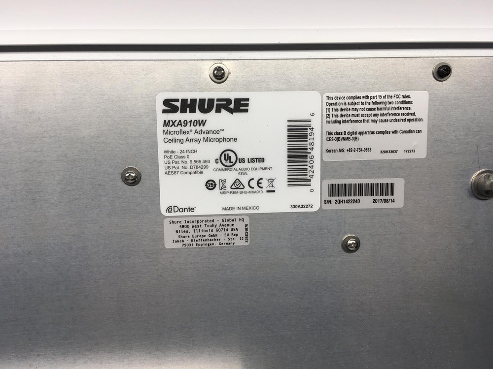 Shure Microflex Wired Ceiling Array Microphone with Dante / MXA910W - VGC