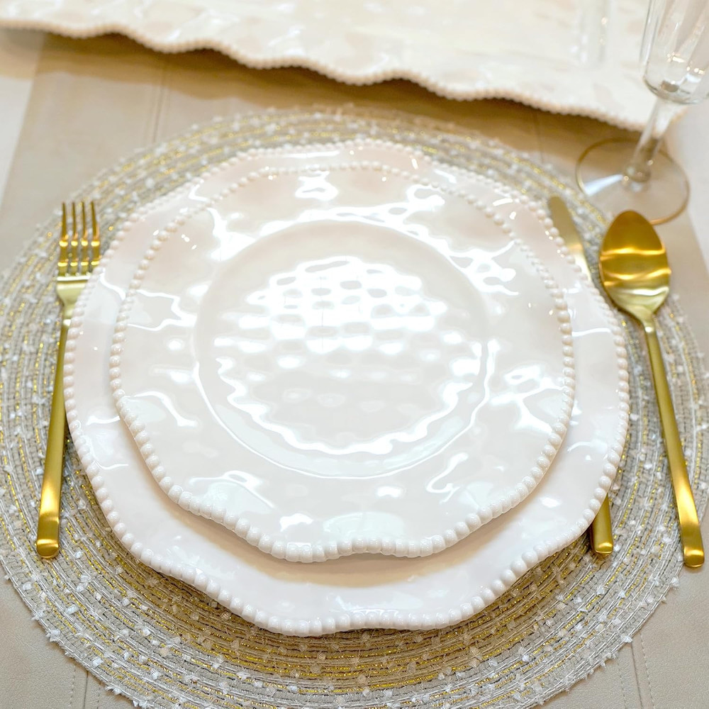 Perlette Off-White Beaded 12-Piece Dinnerware Set – Includes 4 Dinner Plates, 4