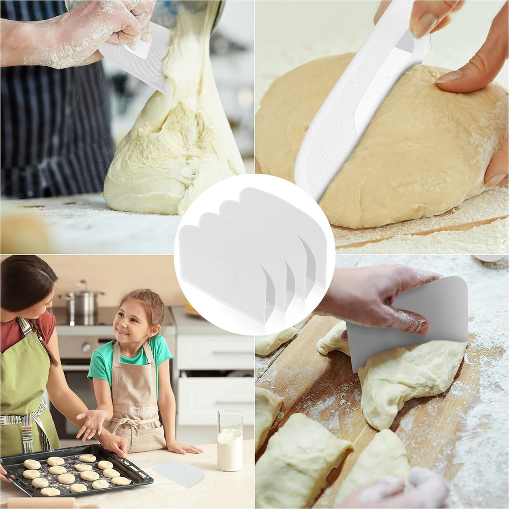 Queekay 4 Pcs Plastic Dough Scraper Flexible Dough Cutter Bench Scraper for Baki
