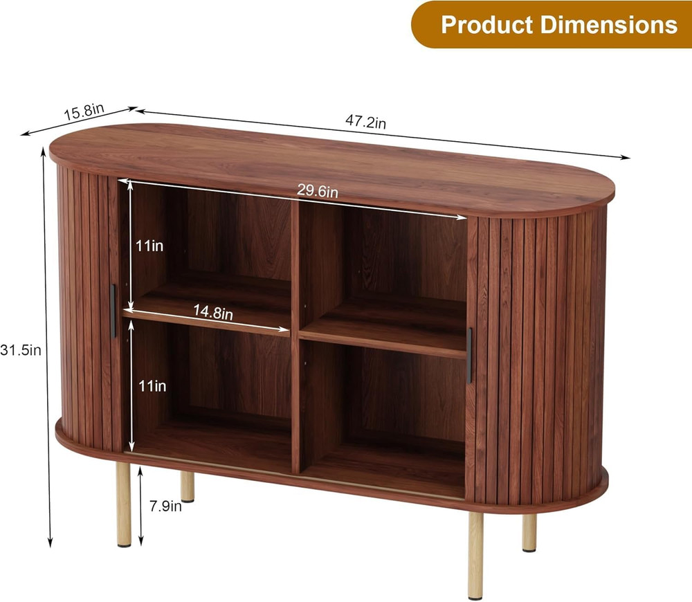 Modern 47" Walnut Sideboard Buffet Cabinet with Sliding Doors & Adjustable Shelv