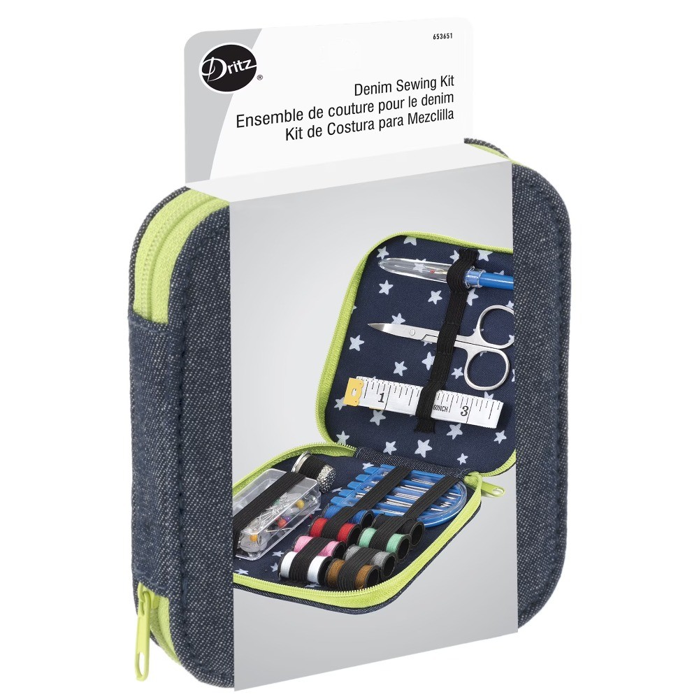 Dritz Denim Sewing Kit, Essential Sewing Tools, Navy & Green