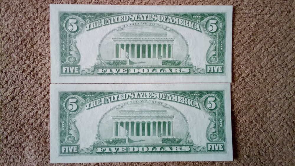 1963 PLAIN $5 FIVE DOLLAR CONSECUTIVE PAIR NOTES,VERY NICE,GEMU,CHICAGO-ISSUED