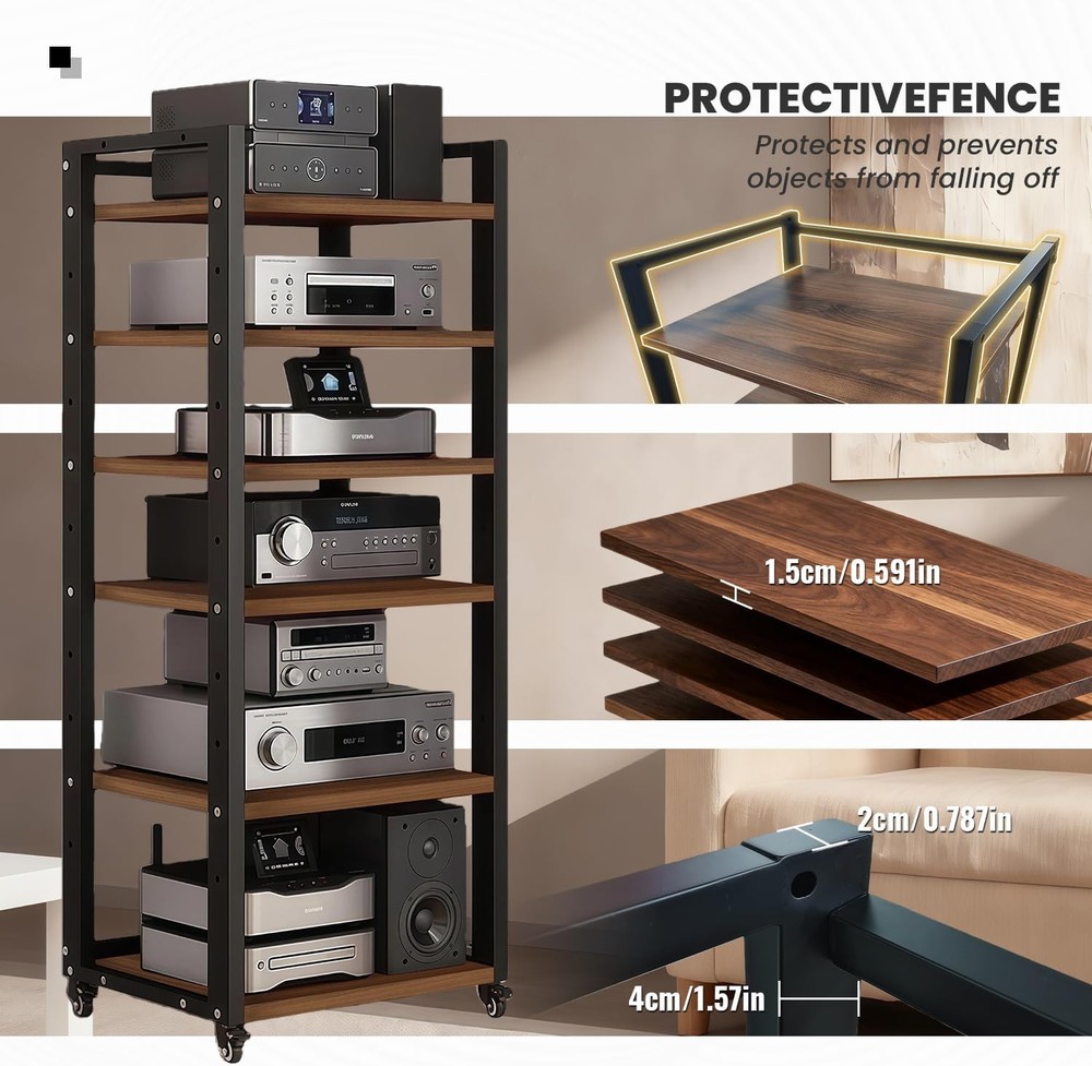 6 Tier AV Media Stand Wheels Adjustable Shelves