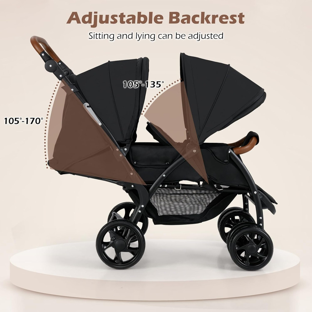 Double Stroller, Foldable Baby Tandem Stroller with Djustable Backrest Canopy Fo