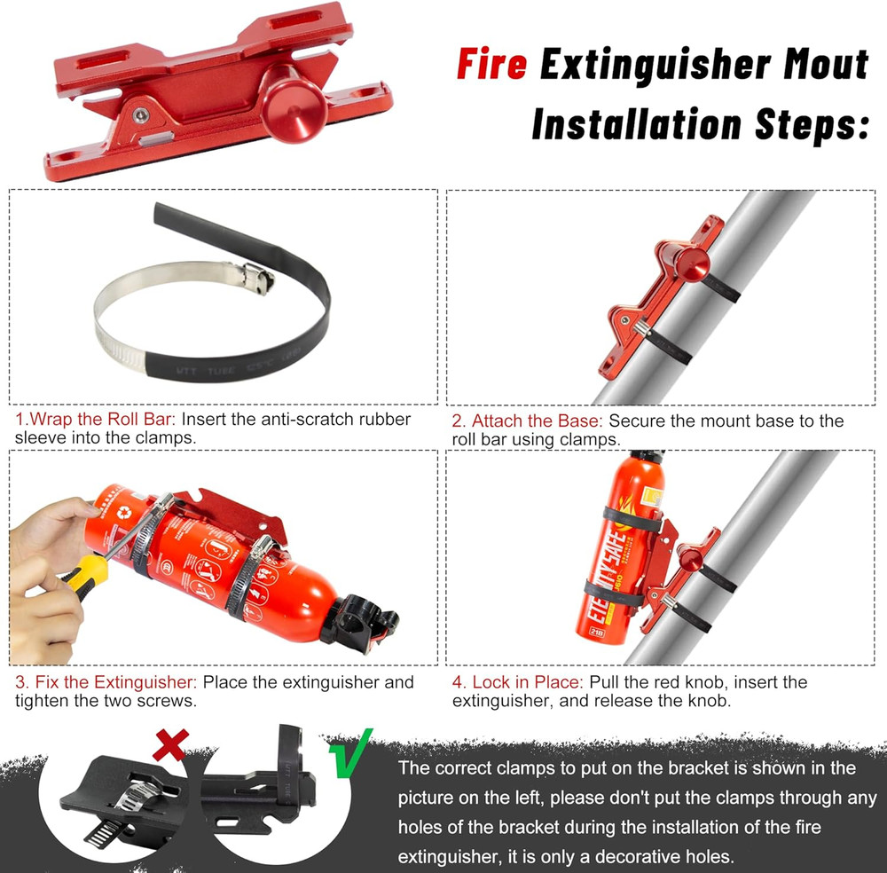 Quick Release Fire Extinguisher Mount - Aluminum Adjustable UTV Roll Bar Fire Ex