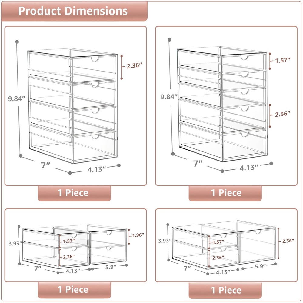 4-Piece Acrylic Makeup Organizer, 16 Drawer Stackable Storage Bins, Clear