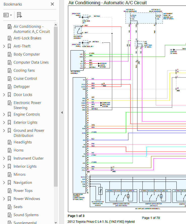 Toyota Prius C 2012 Color Wiring Diagram Schematic L4 1.5L pdf