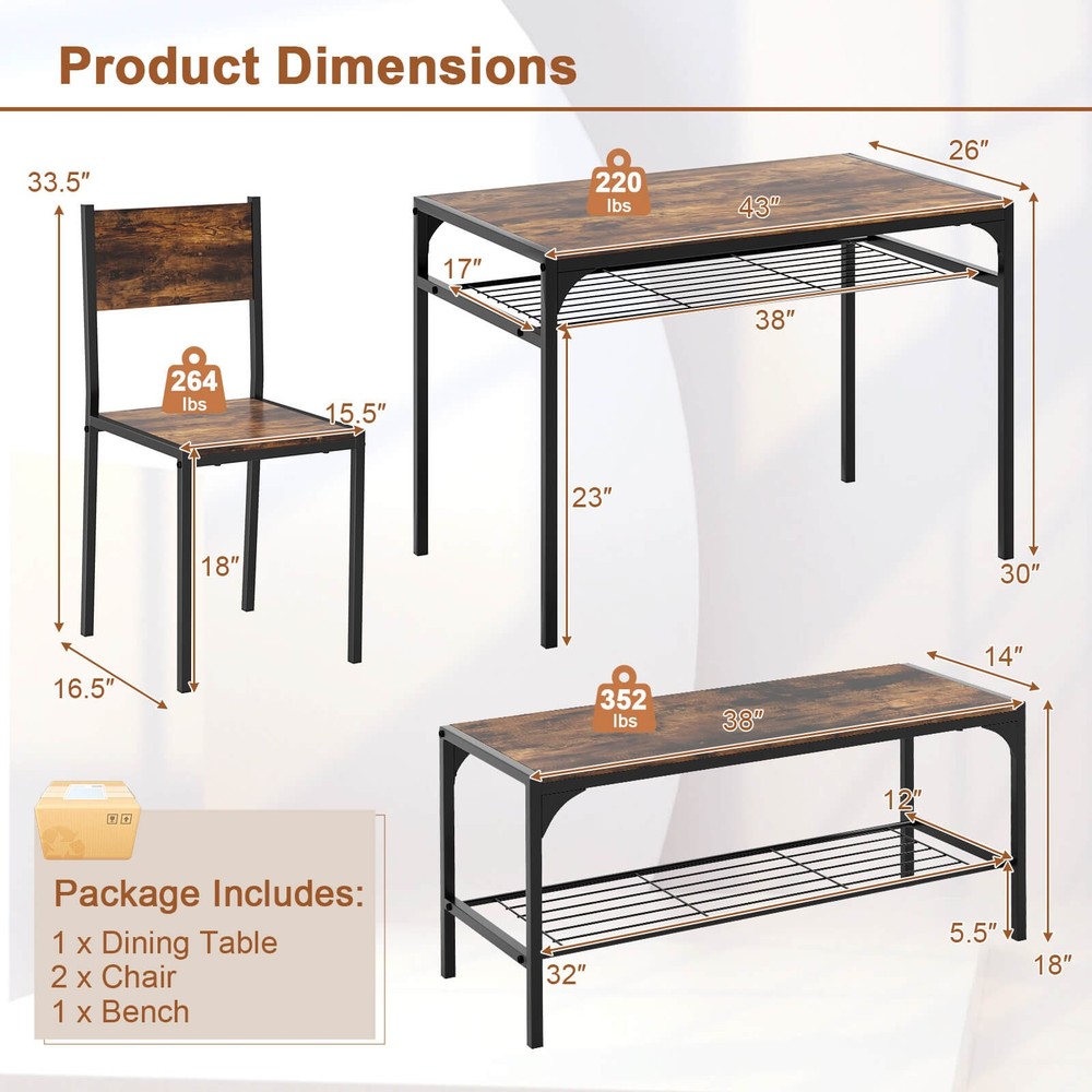 Dining Table Set for 4 Rectangular Table w/ 2 Chairs, 1 Bench, Storage Racks