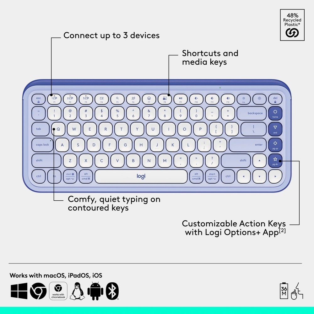 Logitech POP Icon Bluetooth Keyboard and Mouse Combo, Lilac