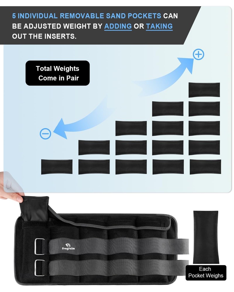 Adjustable Ankle Weights 20 lbs pair - 10 per side, black - double buckle