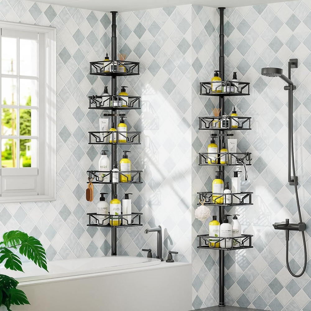 Adjustable Corner Shower Basin Organizer with Hooks,Rustproof Tension Rods