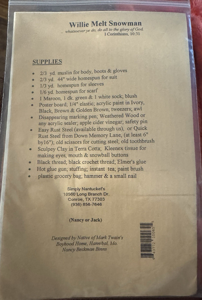 Simply Nantucket's Stringbean Collection pattern Sn-65 Willie Melt Snowman uncut