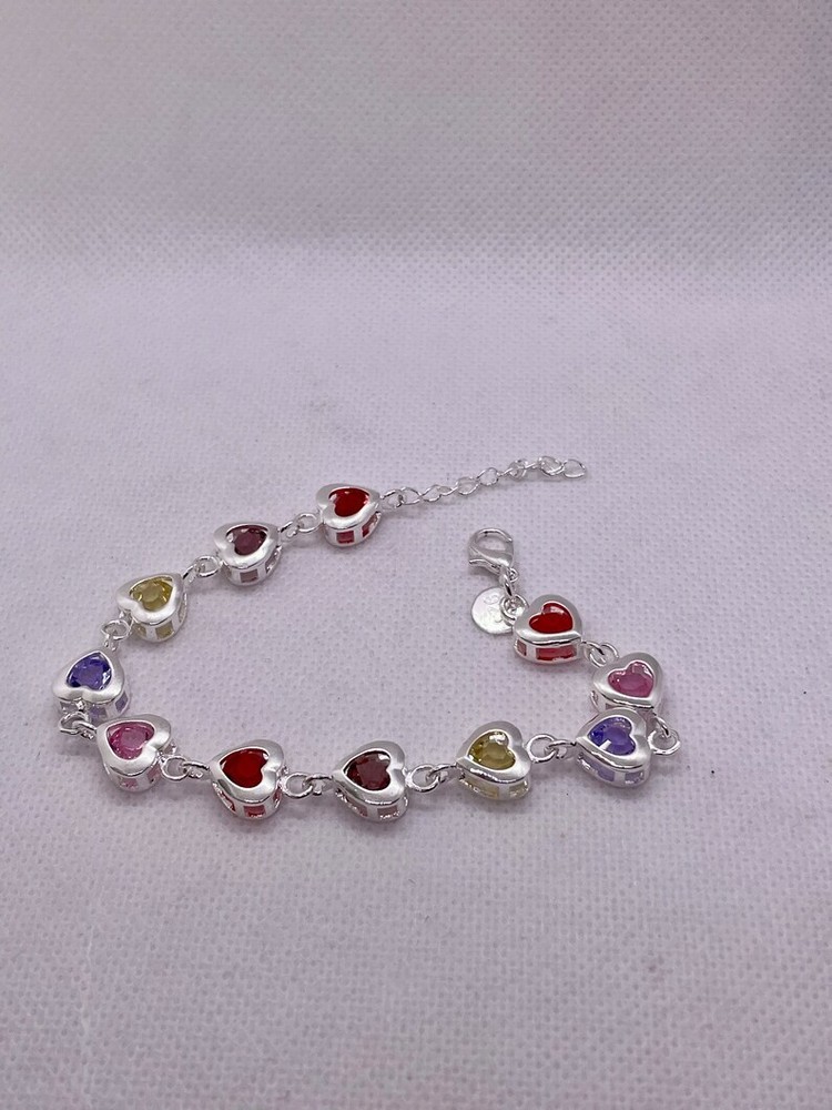 Multi color heart chain bracelet 925 sterling silver 8” adjustable