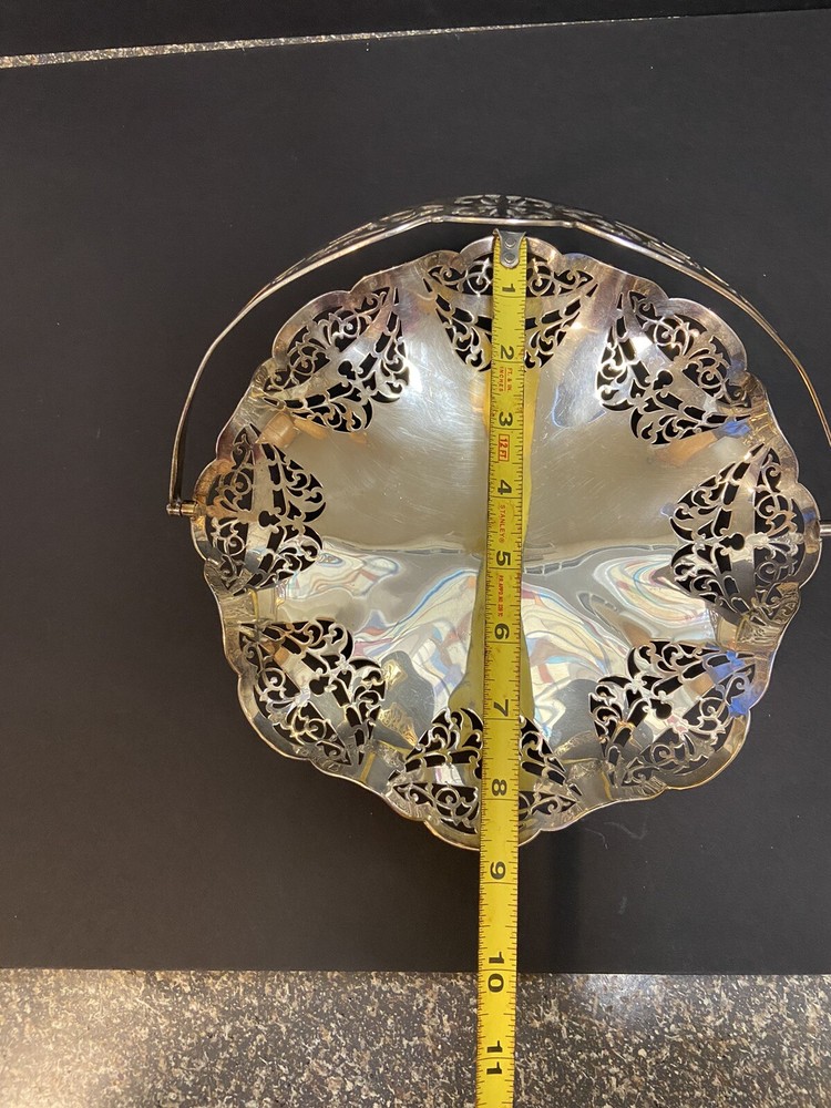 Vtg. Rand Made In England Silver Plate Pierced Swing Handle Candy Dish