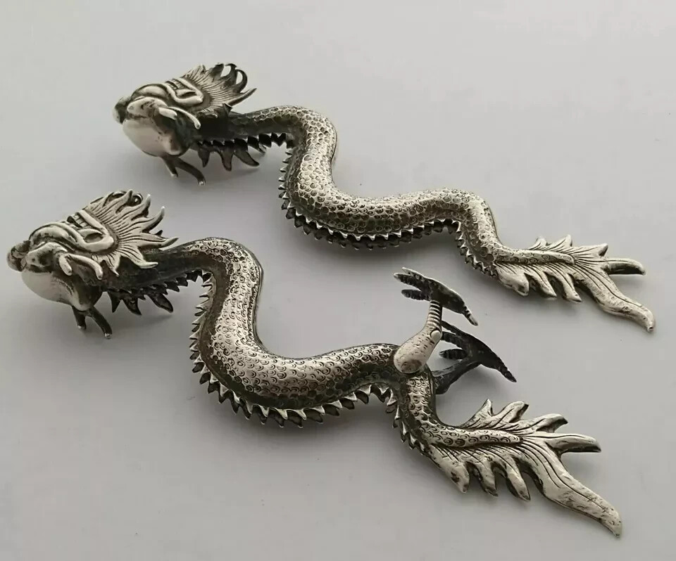 Magnificent Pair Of Large Chinese Solid Silver Dragon Menu Stands - 97g.