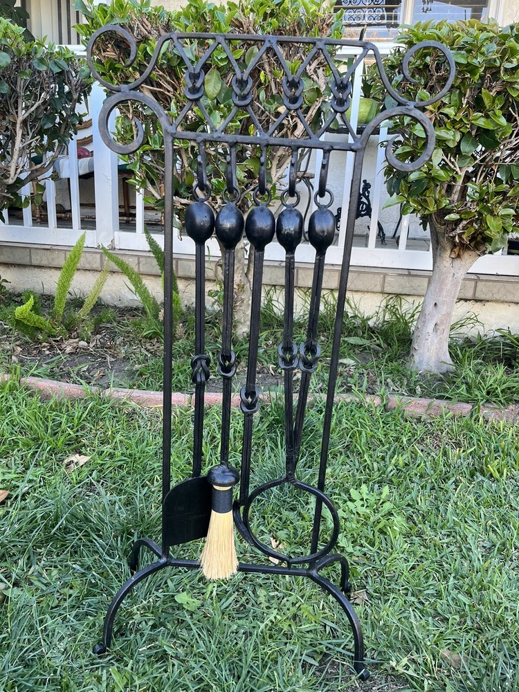 Vintage Wrought Iron 4 Pcs Fireplace Tools With Stand